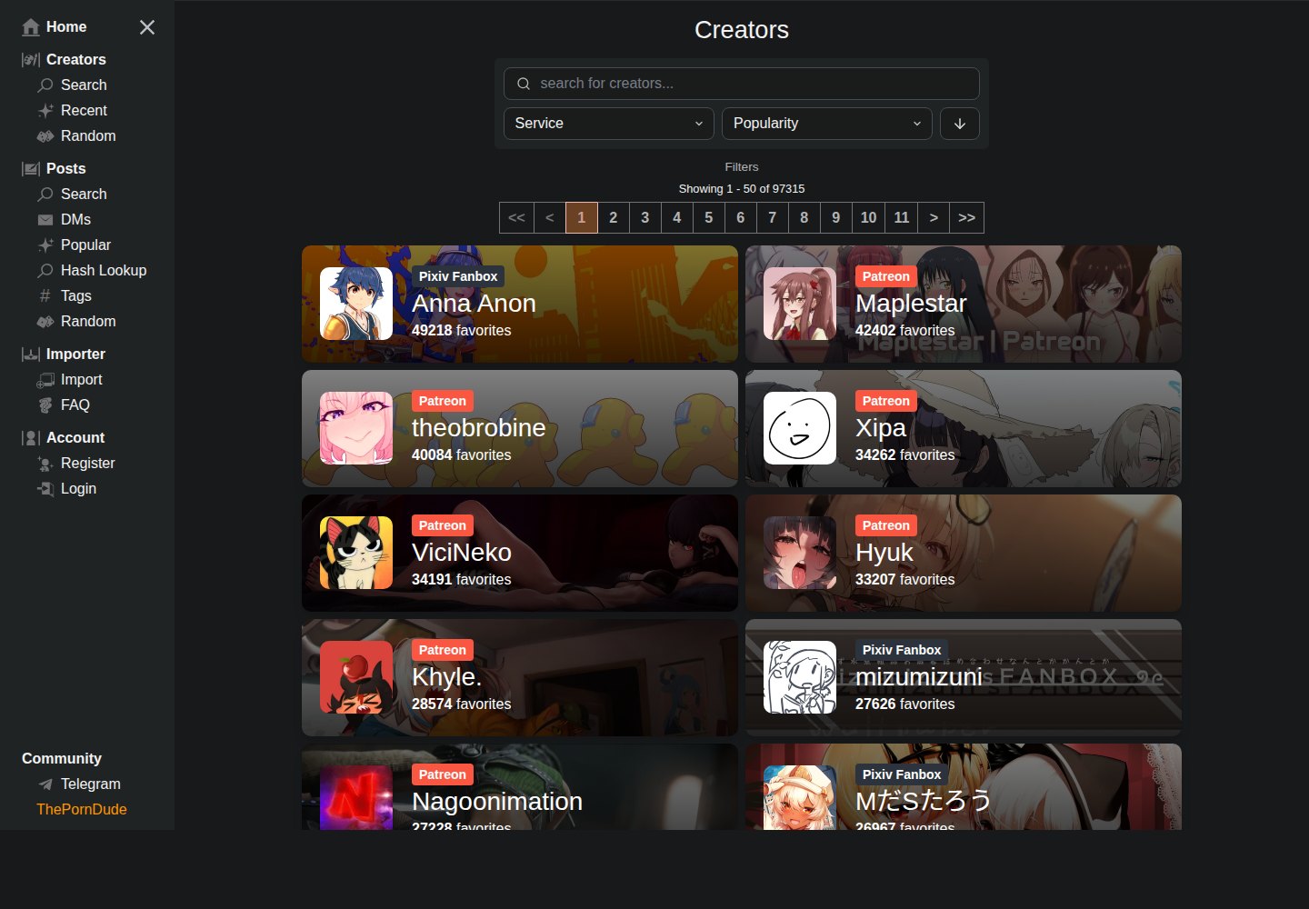pawchive.pw のクリエイター一覧。人気順に並び、各カードにサービス名とお気に入り数が付く。